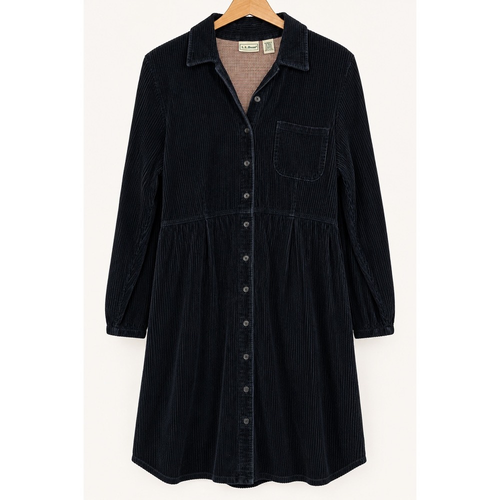 L.L. Bean Corduroy Shirt Dress Size 14 Navy Blue Modest Cabincore Granola Cotton